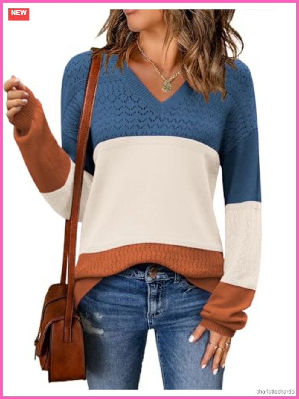Zeagoo Women Loose Fit V Neck Cable Knit Crochet Pullover Long Sleeve